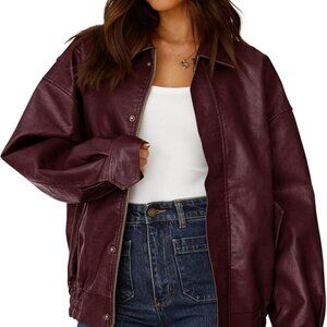 Amazon PrettyGarden Burgundy Faux Leather Oversized Jacket